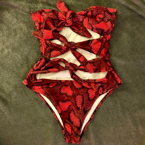 red snakeskin bathing suit